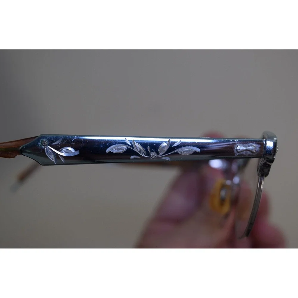 Vintage 1950's RICH LADY Eyeglasses Chrome Silver Etched FLAWS - PARTS OR REPAIR